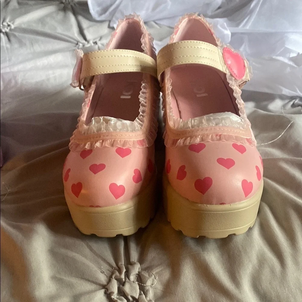 Koi Pink and Tan Platform Shoes with Heart Design